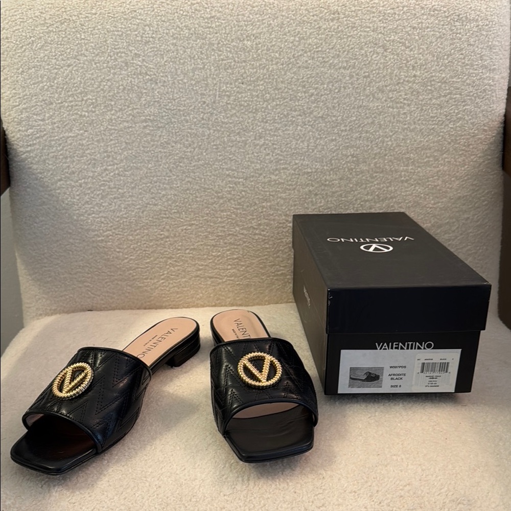 Valentino Black Mules with Gold V Logo